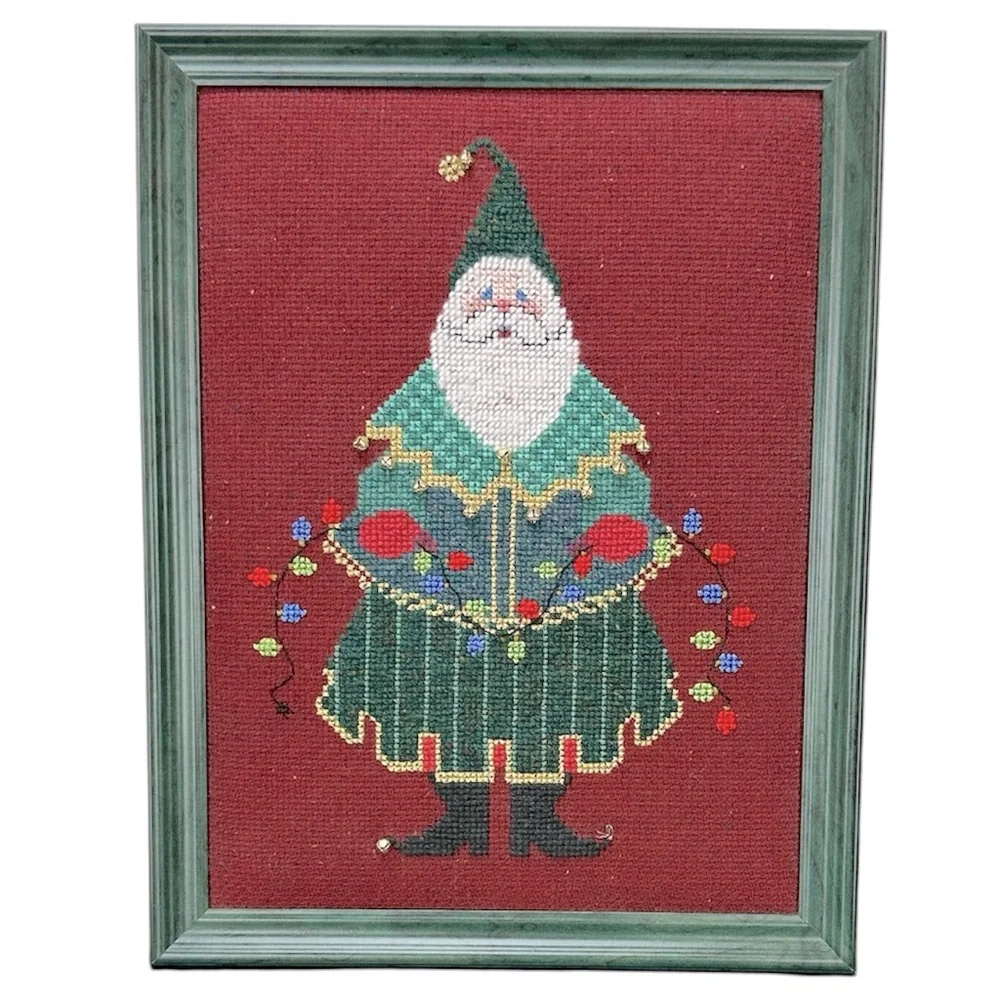 Vtg Handmade Completed Cross Stitch Santa Claus‎ Framed Art No Glass Wall Decor